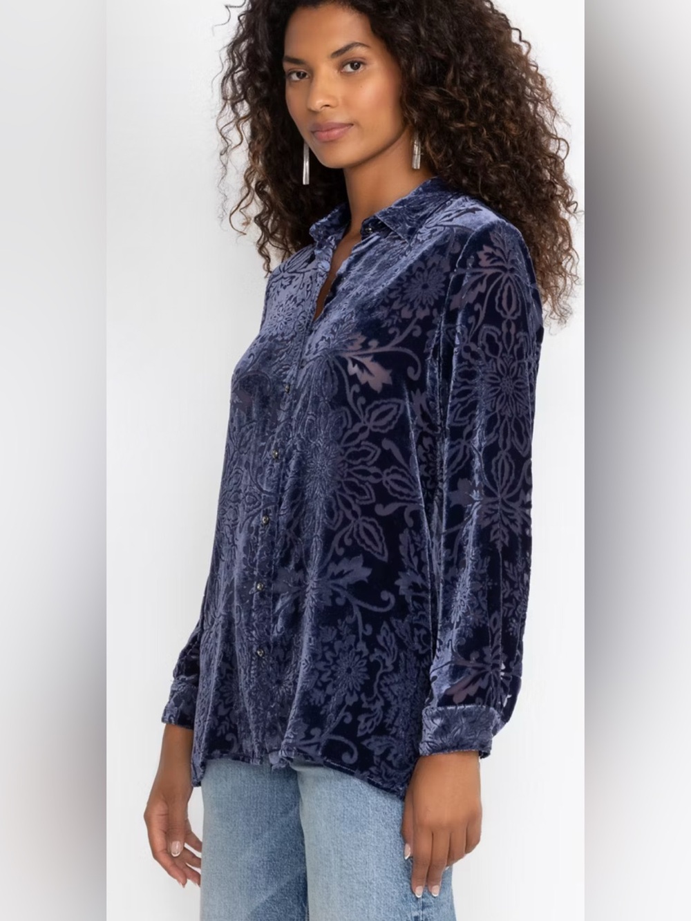 JOHNNY WAS MISTY LONG SLEEVE BUTTON DOWN NAVY SHIRT SMALL